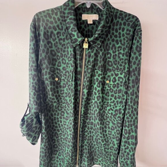 MICHAEL KORS Women's Animal Print Zip Up Jacket, Green Leopard Print, Size 3X - Picture 3 of 7